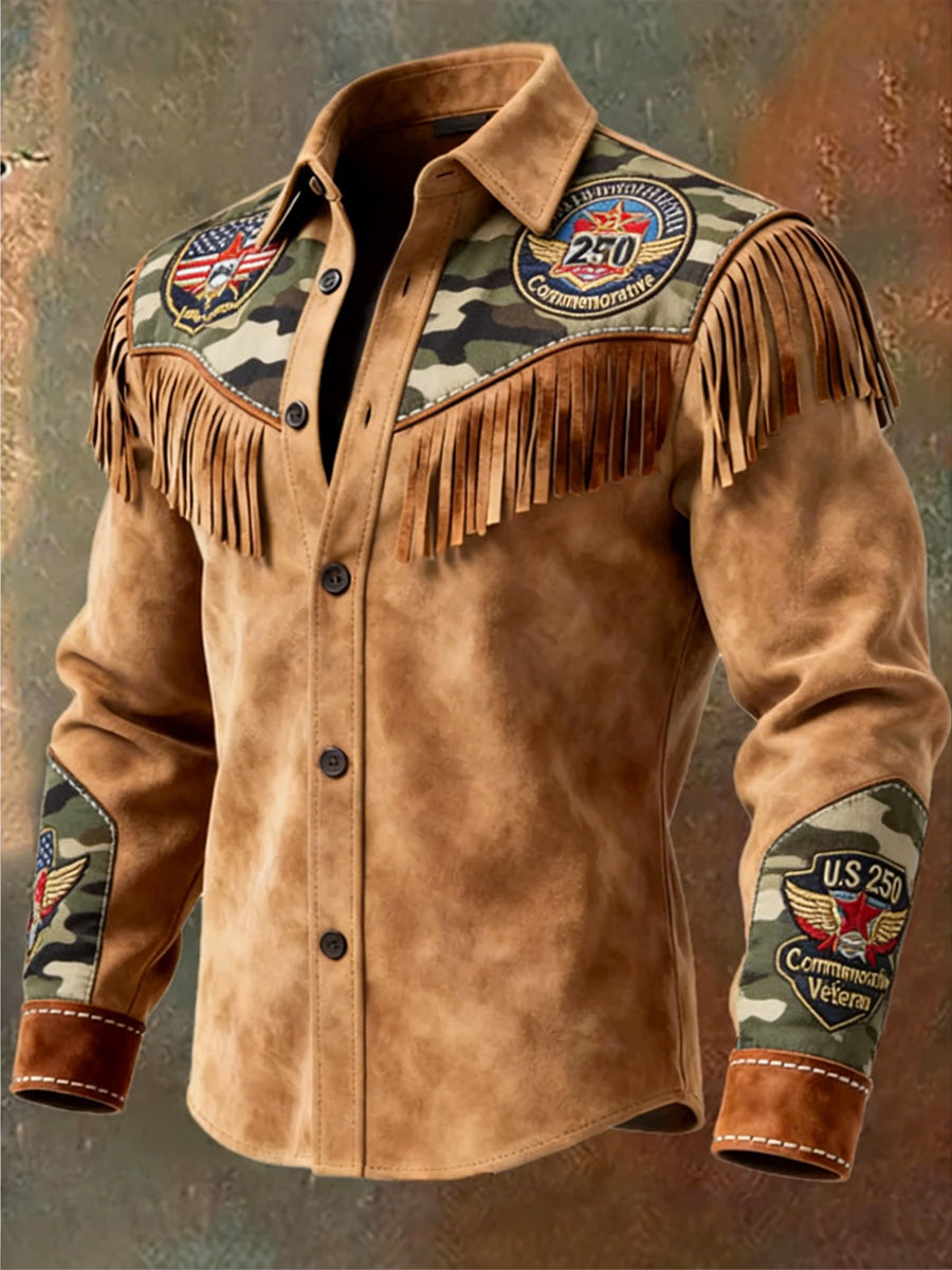 Men's Retro Western Style U.S 250 Commemorative Veteran Print Vintage Tassel Casual Long Sleeve Shirt